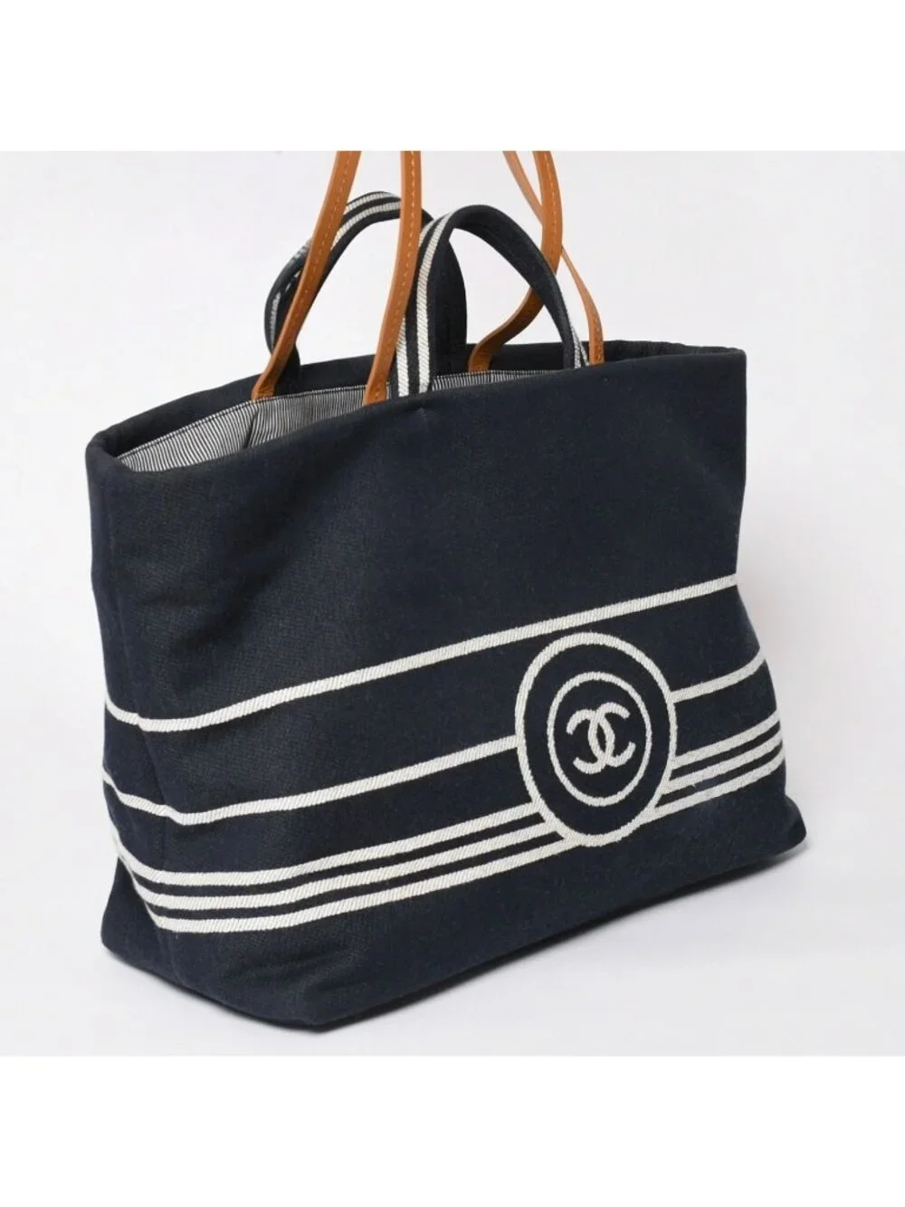Chanel 2-Way Tote Bag CC Logo Denim Leather Navy Brown Silver